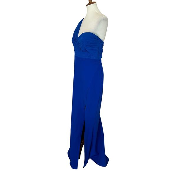 Elle Zeitoune Blue One Shoulder Structured Gown LARGE Formal Slit Designer $410 - Picture 7 of 12
